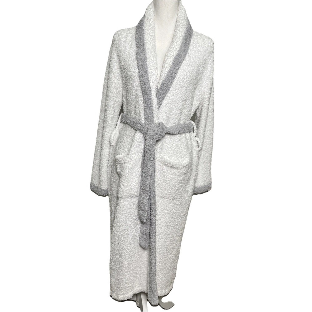 Barefoot Dreams Unisex CozyChic Adult Robe Luxurious White/Gray Trim Size 2/ XL